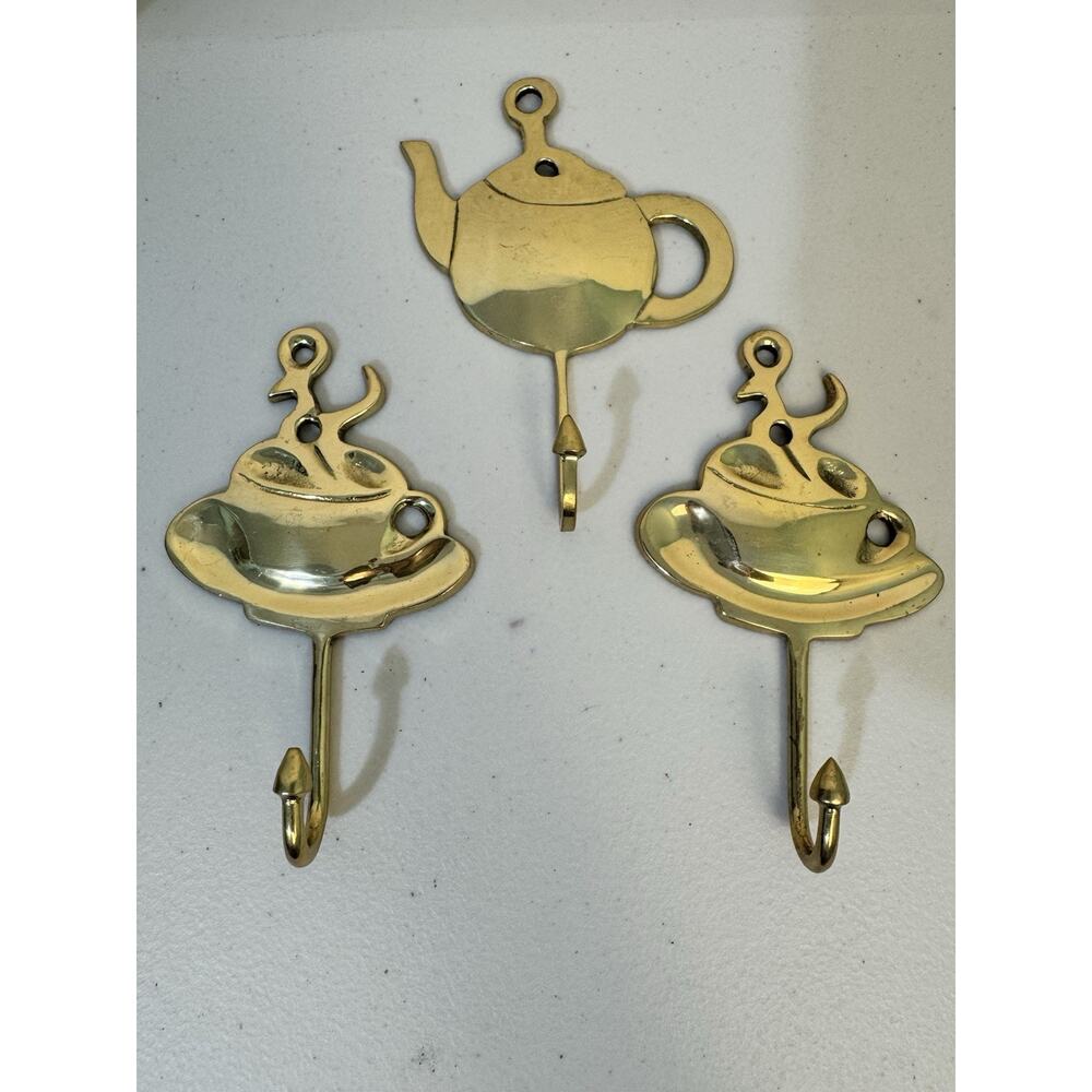 Kemp & Beatley Vintage Metal Brass Teapot & Coffee Cup Wall Hooks Set Of 3